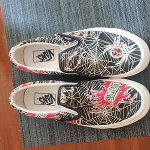 Size 8.5 black and red spider and spiderweb vans